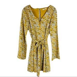 Caramela yellow white floral cottagecore boho tie chiffon dress medium